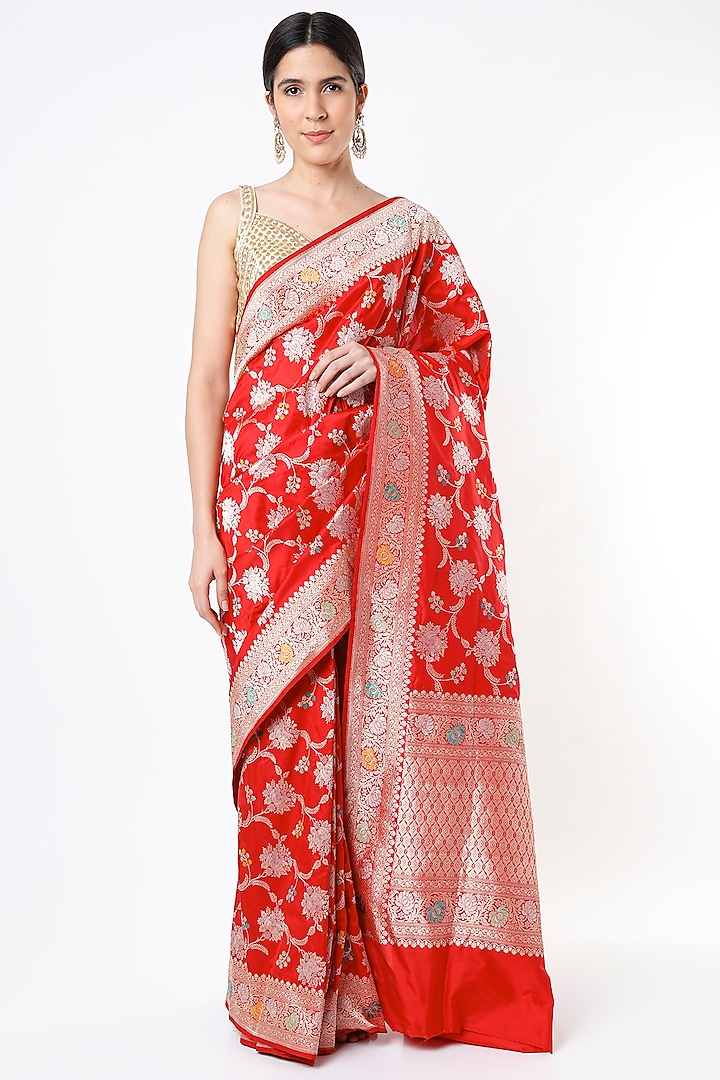 Bridal Red Pure Katan Silk Saree Set by Taba Kashi By Artika Shah